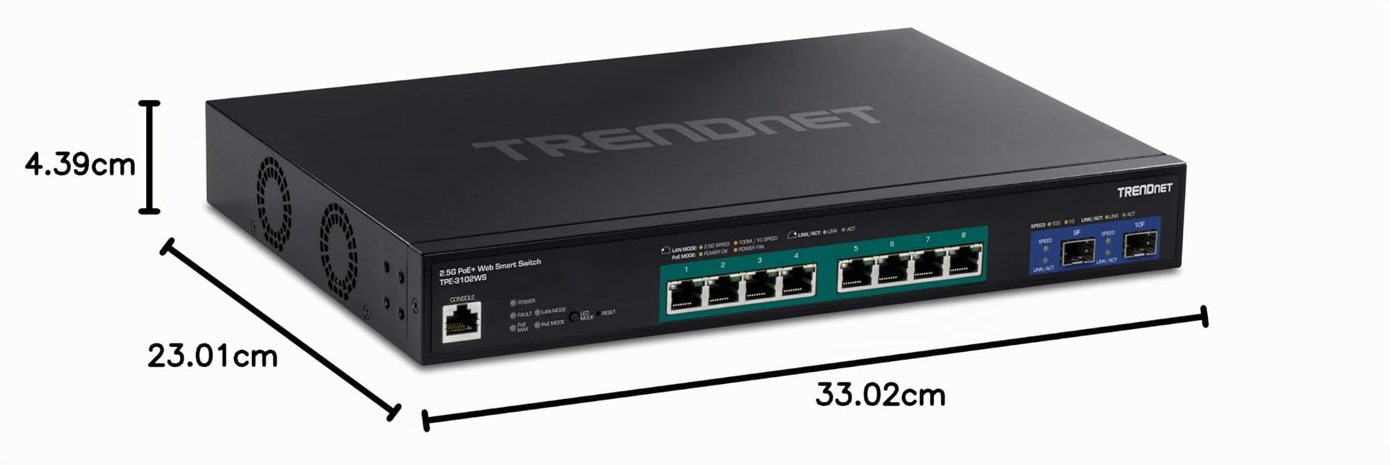 TRENDnet, TPE-3102WS, Switch Web Smart PoE+ 10 Ports Multi-Gigabit, 8 Ports PoE+ 2,5 GBASE-T, 2 emplacements SFP+ 10 Gbit/s, boîtier métallique, commutateur Ethernet réseau géré, Noir