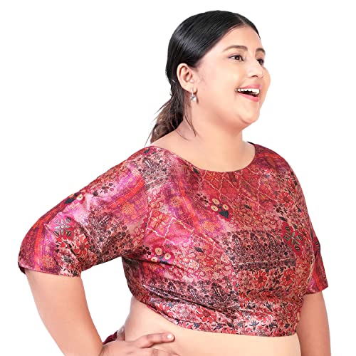 Image of Studio Shringaar Women`s Plus Size Polyester Elbow Length Sleeves Abstract Print Saree Blouse (Pink, 48)