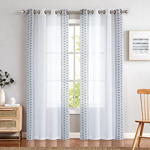 Jinchan Boho Curtains For Bedroom White Linen For Living Room Window Curtains Embroidered Bordered Drapes 84 Inch Length 2 Panels Bohemian Light Filtering Grommet Window Treatment Blue On White #TOP1