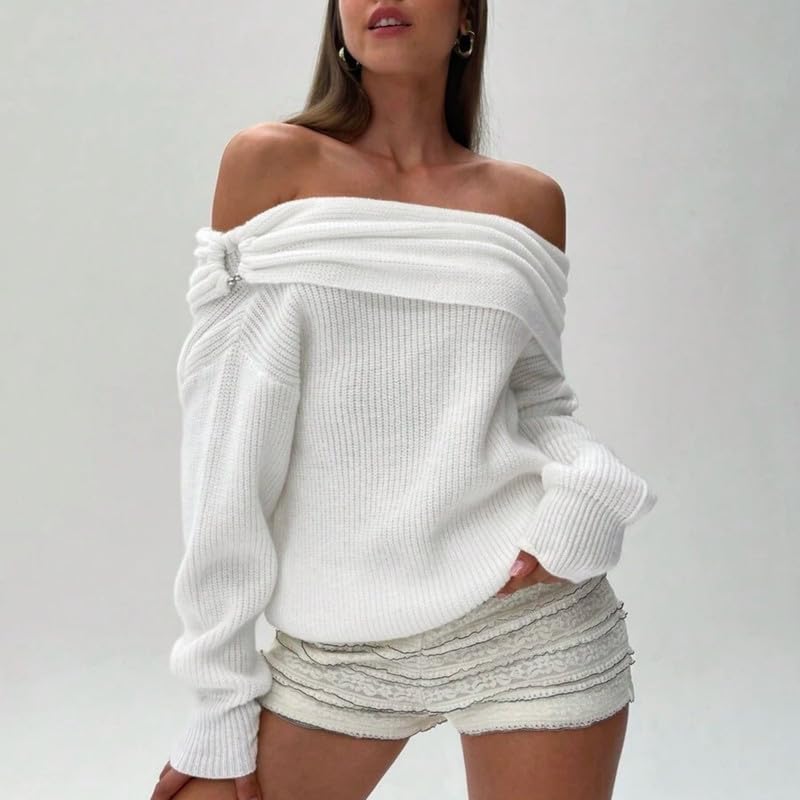 Image of Women Off The Shoulder Sweater Long Sleeve Ribbed Knit Top Y2k Pullover Sweaters Fall Going Out Streetwear