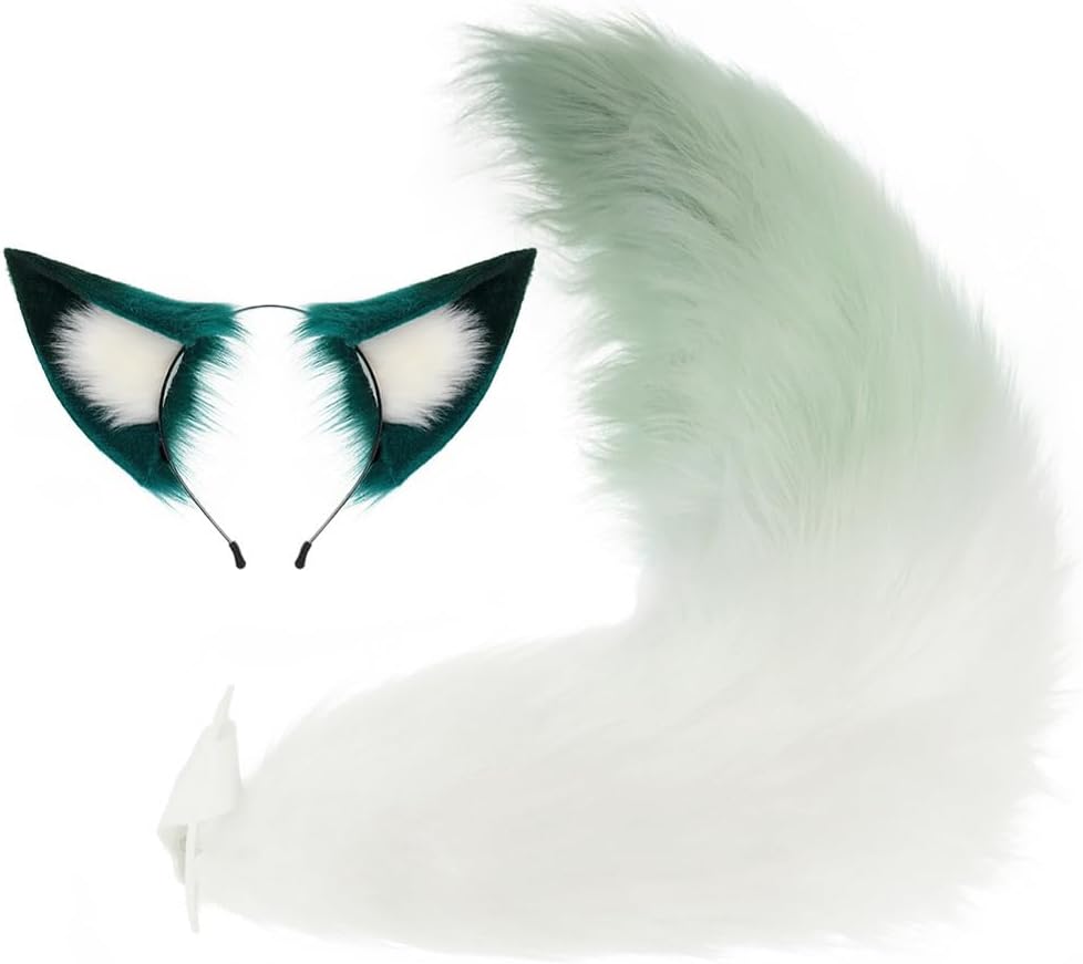 Yukong Ears and Tail Set Fox Ears Headband Furry Fursuit Costume Accessories for Adults Game Cosplay (Green White)