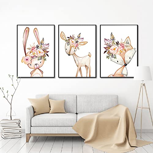 Nicjoy Baby Room Wall Art Canvas Pictures Nursery Prints Flower Rabbit Canvas Painting Woodland Animals Poster Nordic Fox Deer Picture 3Psc/Set (16X24Inchx3(40X60Cmx3),No Frame) #TOP1