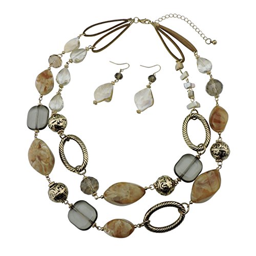 Bocar 2 Strand Statement Choker Shell Necklace and Earring Set for Women Gift (370)