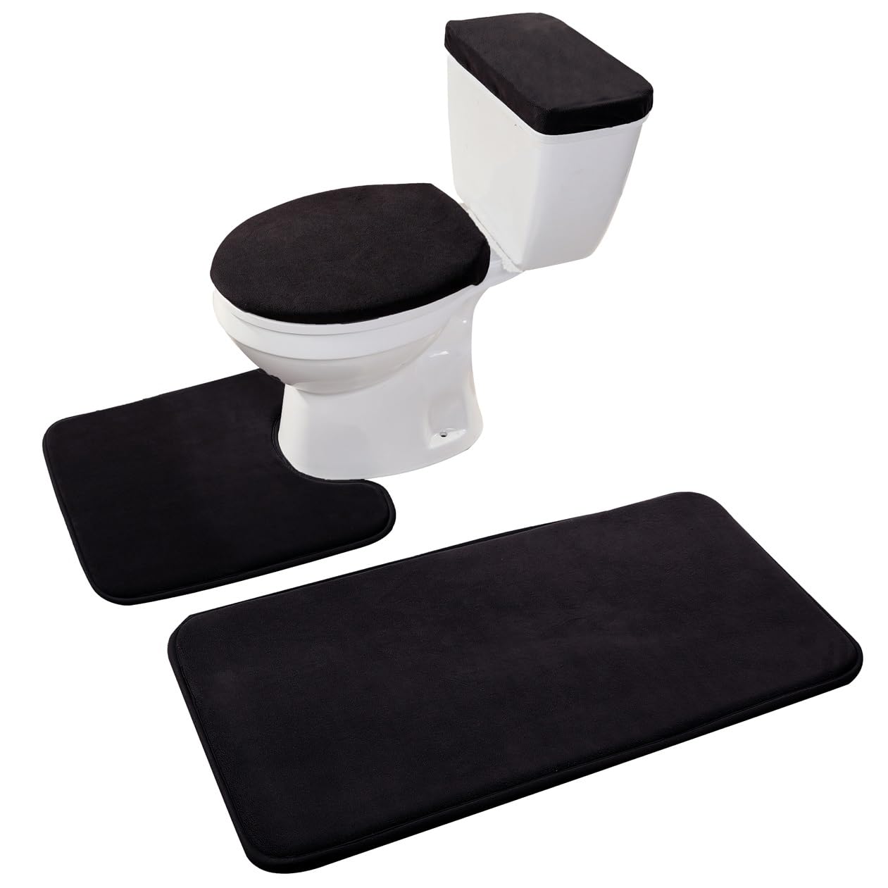 Juego de 3 alfombras de inodoro de espuma viscoelástica y tapete de baño con tapa de inodoro y cubierta de depósito, color negro 2