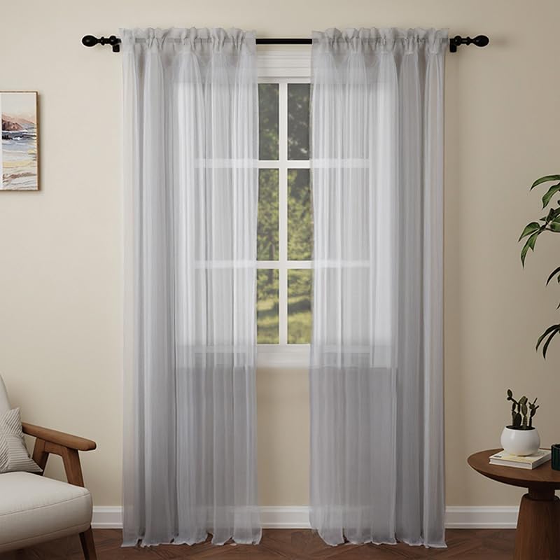 Pacok Silver Voile Curtains, 90 Drop 2 Panels Net Curtain for Windows, Rod Pocket Sheer Curtain Panel Voile Curtains for Living Room Kitcken Bedroom W56xL90 Inch(Silver, 142 x 228cm)