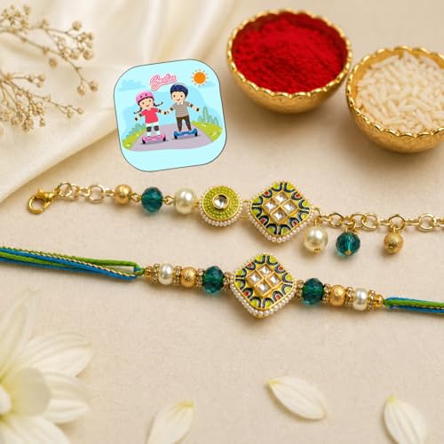 Image of CraftVatika Rakhi Set for Brother and Bhabhi with Gift Combo, Premium Designer Bhaiya Bhabhi Rakhi Set, Kundan Rakhis for Rakshabandhan, Fridge Magnet Gift Greeting Card with Bracelet Lumba for Bhabhi
