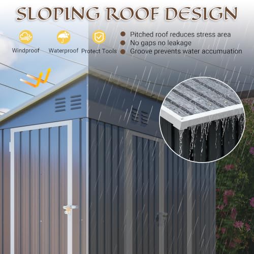 Image of YOPTO 4x8 FT Outdoor Storage Shed with Floor Frame,Metal Shed W /Left /Right Optional Lockable Door,Heavy-Duty Garden Tool Storage House W / 4 Air Vents & Sloping Roof,for Backyard,Patio,Lawn,Gray