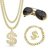 hip hop session plk 😎【DISEÑO ÚNICO】El disfraz de rapero está diseñado con un signo del dólar, que tiene la maravillosa bendición de traerte suerte y riqueza. El collar, la pulsera y el anillo Dollar están diseñados para ser ajustables, por lo que no tendrás que preocuparte por la talla, perfectos para adolescentes y adultos.