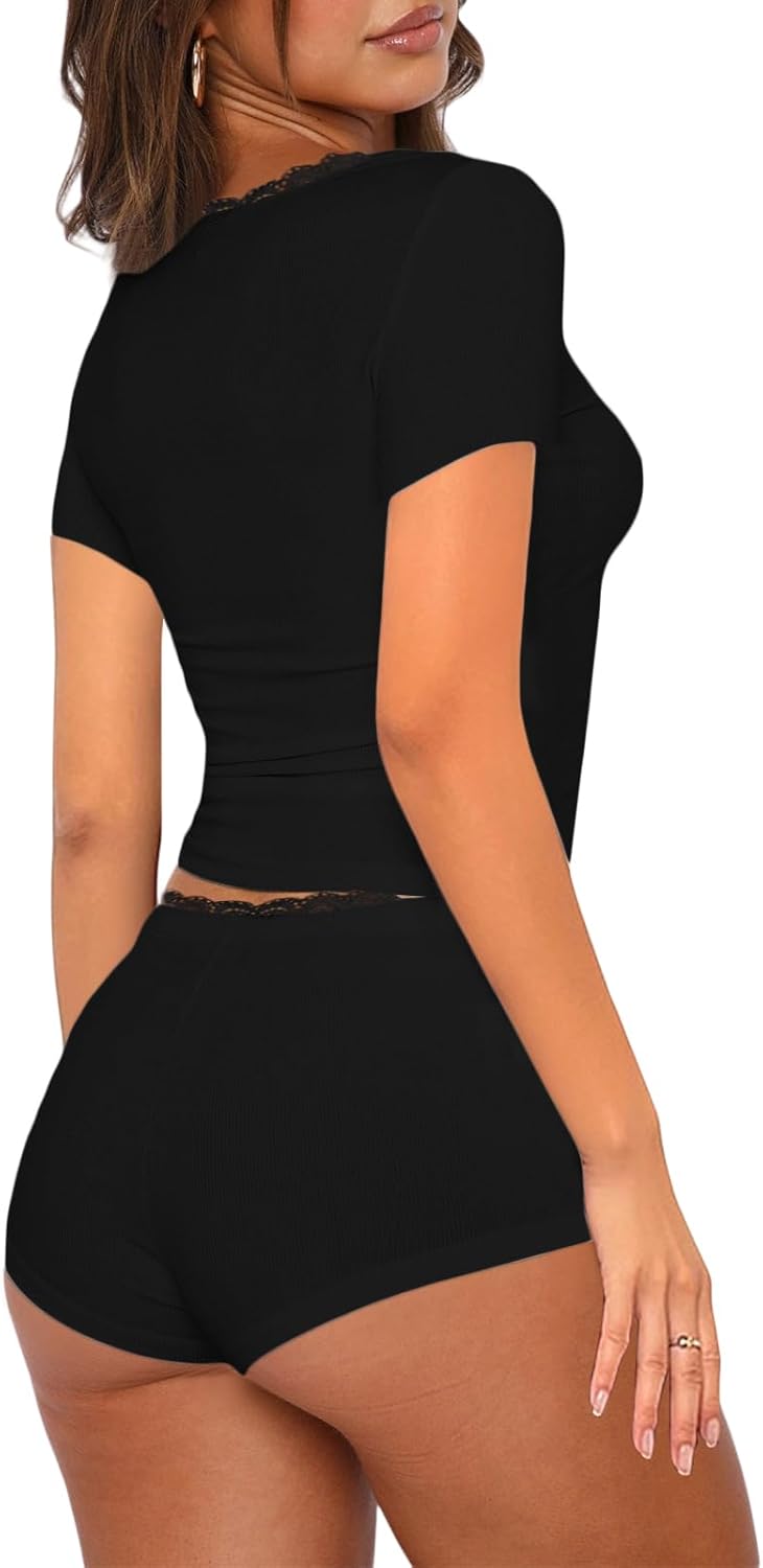 RUEWEY Women 2 Pieces Lounge Sets Lace Trim Short Sleeve Tops and Shorts Ribbed Knit Pajamas Set Outfits - Image 2