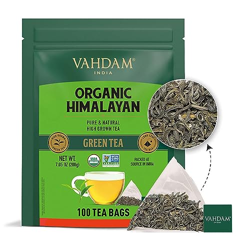 VAHDAM, Organic Green Tea Leaves From Himalayas (100 Green Tea Bags) USDA Organic, Non GMO, Gluten Free, High Grown | Whole Loose-Leaf Tea Bags | Resealable Ziplock Pouch