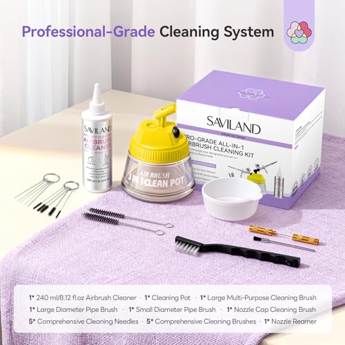 Image of SAVILAND All-in-1 Airbrush Cleaning Kit: 240 ml Fast Airbrush Cleaner Low Odor & Needles Kit 3-in-1 Airbrush Cleaning Pot Easily Handle Water-Based & Acrylic Airbrush Paint Nail Art Painting Tools