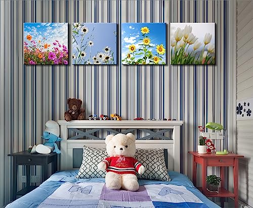 Image of Colorful Floral Canvas Wall Art for Bathroom Decor, Yellow,Purple and White Flowers Artwork Prints Modern Pictures Framed for Living Room Bedroom Office Decoration - 12 inch X 12 inchx4 Pieces
