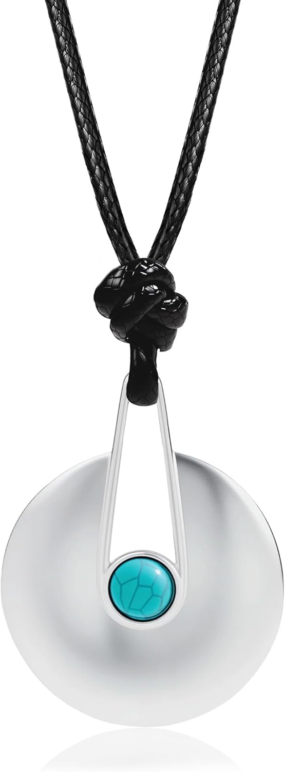 Boho Long Necklace for Women-Turquoise Large Disc Leather Pendant Necklace,Western Vintage Sweater Silver Jewelry Gift