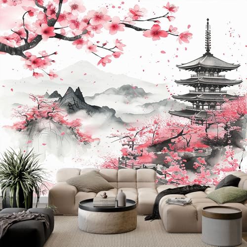 Papier Peint Panoramique Intissé 200x140 cm - Paysage Japonais Sakura et Pagode - Poster Mural Zen...
