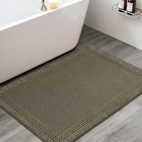 Upgraded Waffle Bath Mat, 36"x24" Greyish Green-Bordered, Super Absorbent Non-Slip Quick Dry Bathroom Rugs with Tassels, Machine Washable Ultra Soft Boho Bath Rugs, Toilet Mats Boho Farmhouse Decor