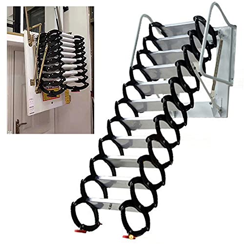 Attic Steps Pull Down 12 Steps Attic Stairs, Wall Mounted Alloy Attic Access Ladder, Folding Retractable Attic Loft Ladder with Armrests for Home Building Supplies, 11.5 feet Height