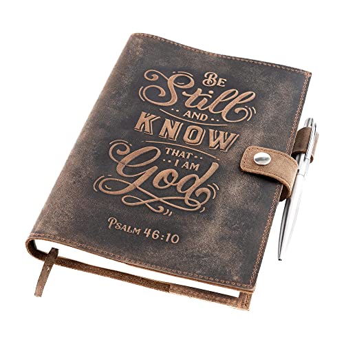 moonster Refillable Leather Journal Lined Notebook - Journals for Women w/Psalm 46v10 Embossed Bible Verse - Vintage Handmade Leather Notebook with 320 Pages Milled A5 Ruled Paper & Luxury Pen