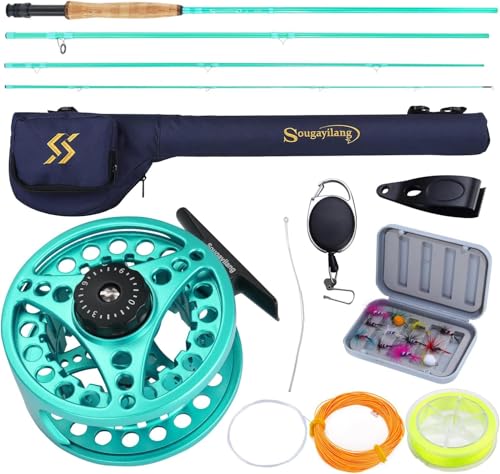 Sougayilang - Sougayilang Fly Fishing Combo, 4 Piece Fly Rod and CNC Machined Aluminum Alloy Reel Complete Starter Package with Rod Bag- Turquoisee- 5/6