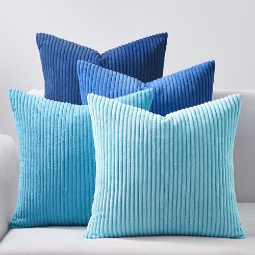Image of Topfinel Euro Shams Decorative Throw Pillow Covers 26x26 Inch Set of 4,Soft Accent Corduroy Striped Blue Gradient Color Large Cushion Cover for Beach,Patio,Balcony,Living Room,Summer Home Decor