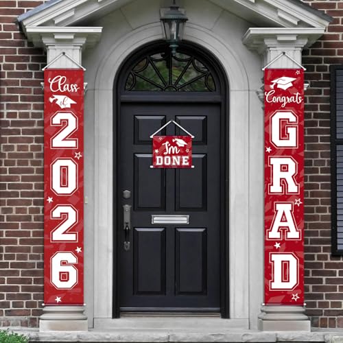 Image of Moukeren 3 Pieces 2026 Graduation Party Decorations Graduation Porch Sign Class of 2026 Grad Hanging Porch Banner Backdrop Door Sign for Grad Party Home Door Wall Decor(Red)