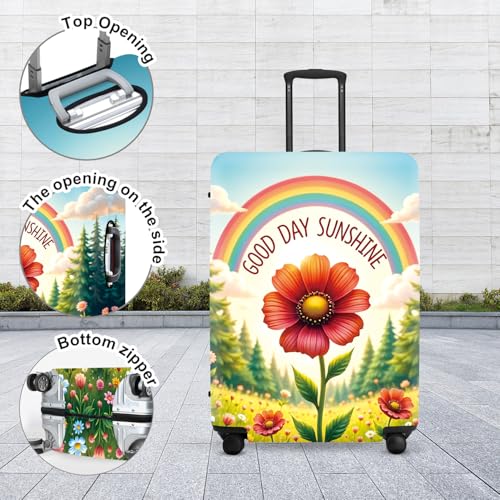 Image of Sunshine Rainbow Luggage Cover, Waterproof Summer Travel Protector with Sunflower & Wildflowers, Bright Vacation Suitcase Case