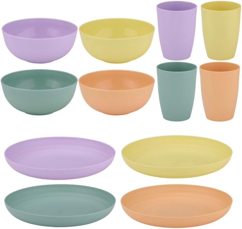 Camping Crockery Set for 4 People, Plastic Tableware, Plastic Cups, Plates and Bowls, 12 Piece Tableware Set, Dishwasher Safe