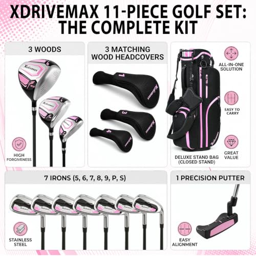 Image of XDriveMax Men's & Women's Complete Golf Clubs Set (11-Piece Package), Lightweight Graphite /Steel Shafts, 460cc Driver, 3 Wood, Hybrid, 5-9 Iron+PW+SW, Blade Putter, Deluxe Stand Bag (Right /Left Hand)