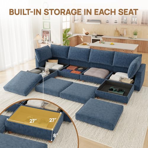 Image of 99 inch Modular Sectional Sleeper Sofa Bed with Storage & Washable Covers, 6-Seater Chenille Modular Sofa Bed with Movable Ottoman Chaise, Convertible Sleeper Sectional Couches for Living Room, Blue