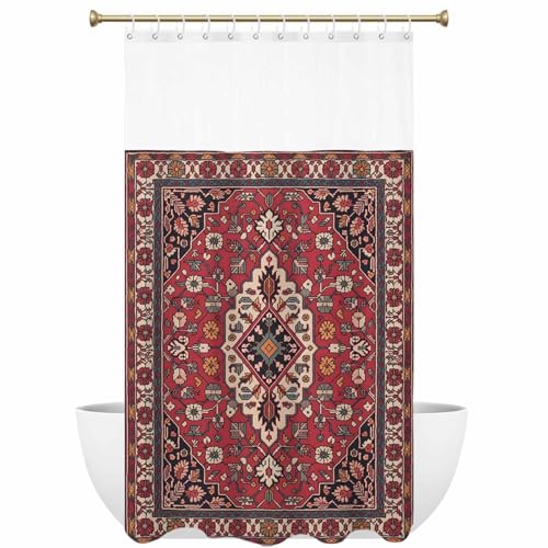 Boho Aztec Shower Curtain with Mesh Top Window, Waterproof Washable