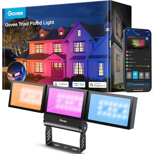 Image of Govee Triad Outdoor Flood Lights, 48W 4500LM RGBIC 3 Head Security Lights, 2700-6500K, IP66 Waterproof, Smart WiFi Outdoor Lights with App Control for Garage, Yard, Porch, Compatible with Alexa