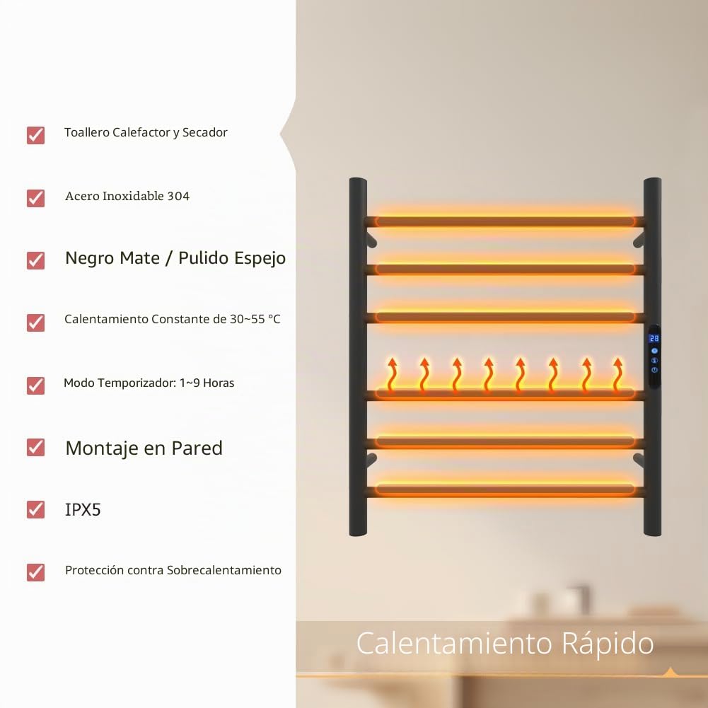 KWW - Toallero con calefacción, control remoto con APP Tuya, calentador de toallas con temporizador, calentador de toallas montado en la pared para baño (negro mate, 5 barras)