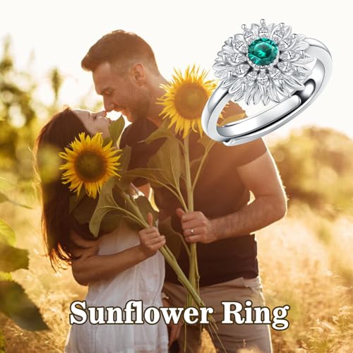 Emerald Sunflower Design Ring 925 Sterling Silver Round Cut 3.5 mm Emerald Sunflower Engagement Ring for Women 6