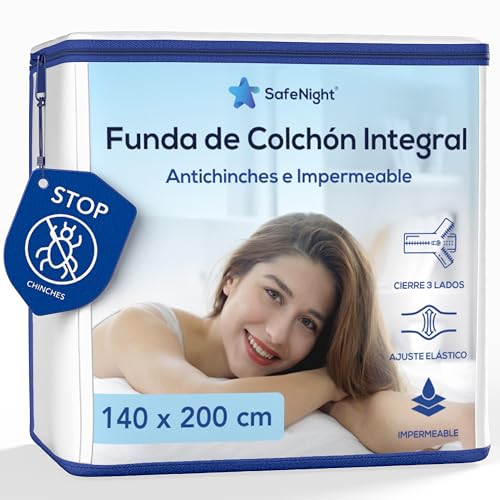 Funda colchón antichinches Impermeable – Cubre colchón Integral antiacaros con Cremallera – Protector Suave de algodón – para colchón 140x200cm – Altura Ajustable 15 a 30cm