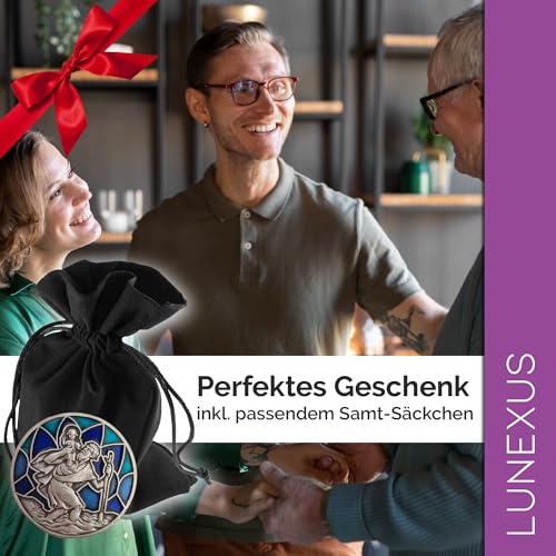 Lunexus Christophorus Auto Plakette Blau Türkis – gesegnet mit Zertifikat – inkl. Samtsäckchen – Magnet und Klebestreifen – Glücksbringer Autofahrer – Christophorus Talisman – Schutzpatron Reisende