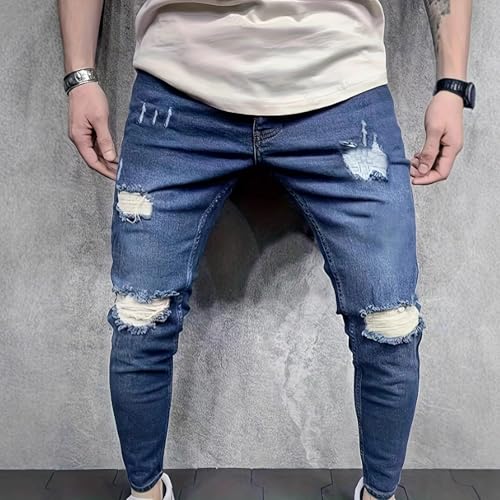 Jeans Pants Trousers Denim Ripped Elastic Tight Fit High Waist Washed Blue Street Trendy Small Leg for Men3