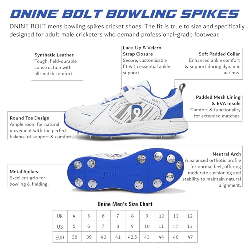 Image of DNINE Bolt Men Bowling Spikes Cricket Shoe White Orange & White Blue