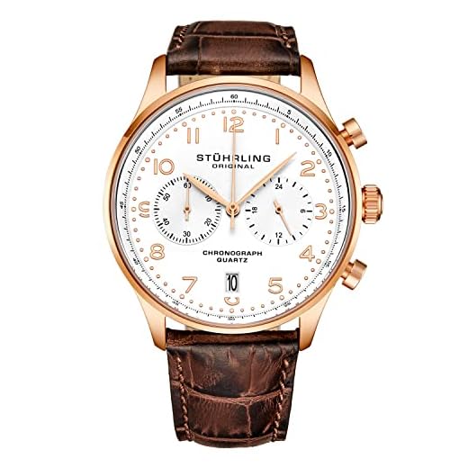 Stuhrling Original Relógio social masculino com cronógrafo de quartzo – caixa de aço inoxidável e pulseira de couro – mostrador analógico com data, Ouro rosa branco, GR-1
