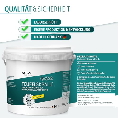 AniGo Teufelskralle für Hunde, Katzen & Pferde 1kg - Teufelskrallenpulver, Teufelskrallenwurzel, Gelenkpulver, zur Unterstützung agiler Gelenke und der Beweglichkeit
