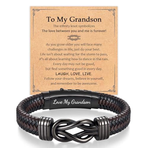 EFVISD To My Grandson Bracelet Gifts from Grandma Grandpa Brown Infinity Leather Bracelet for Men as Christmas Valentines Fathers Birthday Easter Graduation Gifts for Boys Men