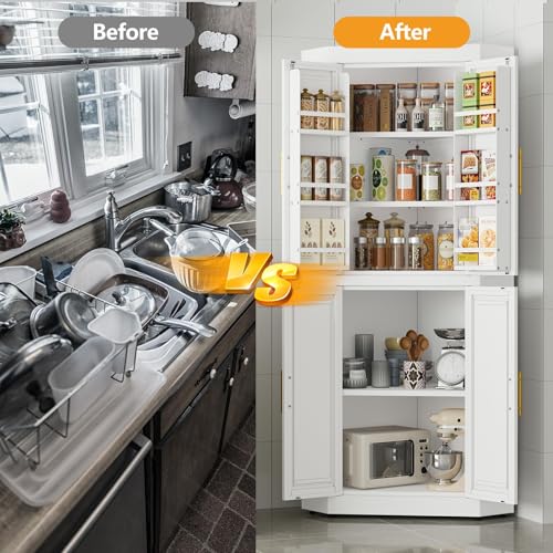 Image of GAIOUS 63 inch Metal Corner Kitchen Pantry Cabinet, Kitchen Food Cabinets White