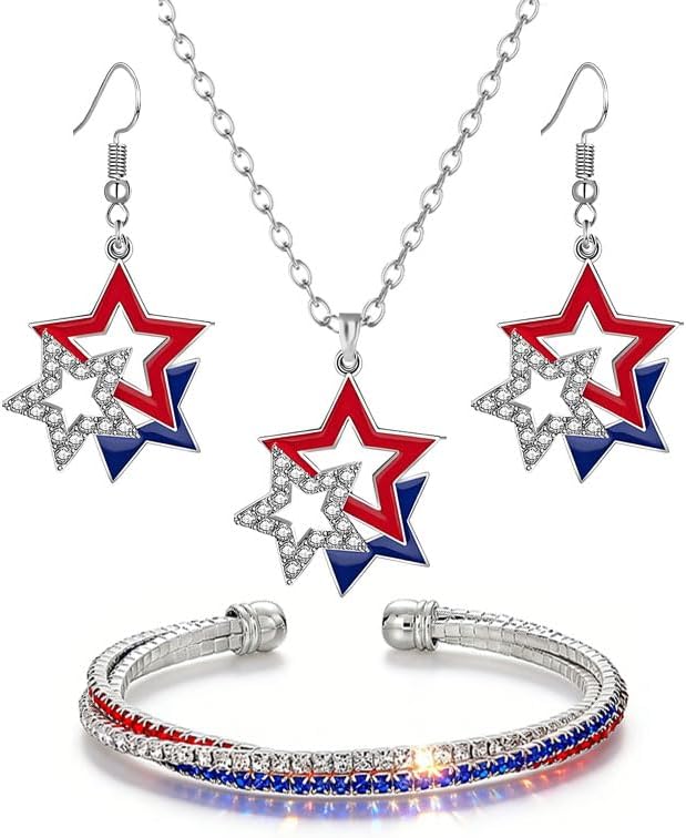 Dreuyet 4th of July American Flag Jewelry Set for Women Patriotic Red White Blue Star Heart Necklace Earrings Bracelet Independence Day Memorial Day Party Accessories