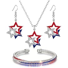 Dreuyet 4th of July American Flag Jewelry Set for Women Patriotic Red White Blue Star Heart Necklace Earrings Bracelet Independence Day Memorial Day Party Accessories