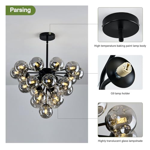 Image of Black Modern Glass Globe Chandelier Mid Century 21-Light Pendant Lights Bubble Sputnik Ceiling Light Fixture for Dining Room Farmhouse Kitchen Living Room Bedroom Office.