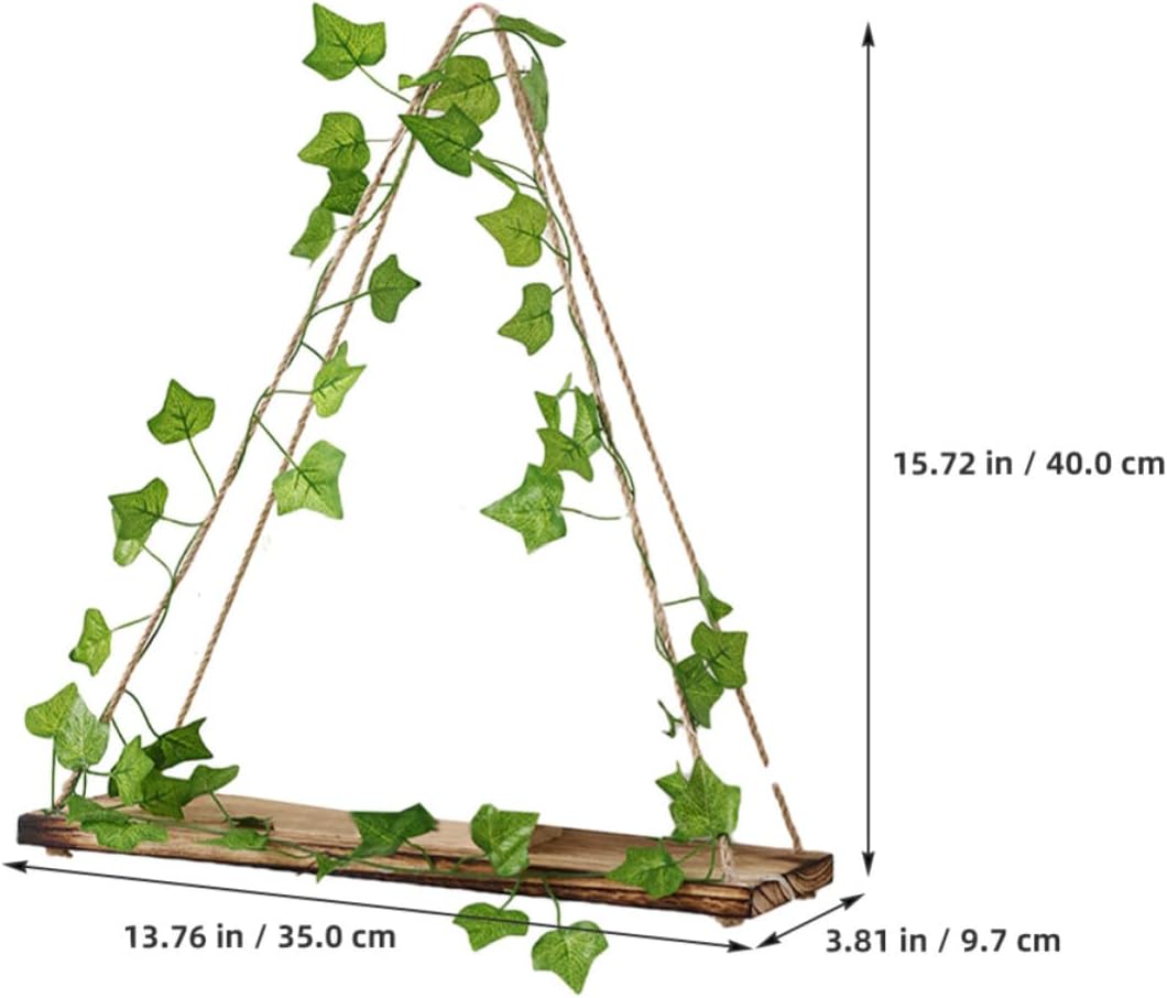 SOLUSTRE Rustic Style Hanging Swing Shelf with Artificial Climbing Vines, Wooden Floating Shelf for Home and Patio Decor, Strong and Sturdy with No Odor, Wall Mounted Storage and Display
