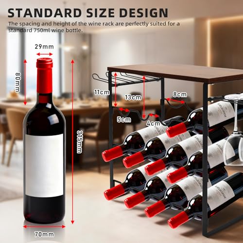 IDUNSEED Black 3-Tier Wavy Wine Rack for 12 Bottles, Freestanding Metal Wine Storage with Top Tabletop Shelf and Side Wine Glass Holder, Ideal for Bar Counter, Cabinet, Pantry and Small Spaces