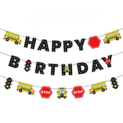 School Bus Happy Birthday Banner Wheels on the Bus Bday Party Garland for Kids Yellow Bus Theme Birthday Party Decorations Back to School Photo Props Supplies