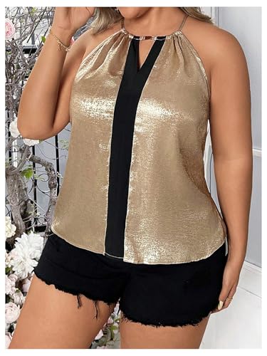 OYOANGLE Women's Plus Size Metallic Keyhole Halter Tank Top Sleeveless Elegant Loose Blouse Tops3