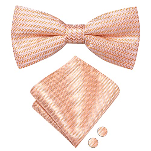 Image of Hi-Tie Coral Orange Bow Ties for Men Party Formal Jacquard Pre-Tied Bowtie with Pocket Square Cufflinks Set, Coral Orange B