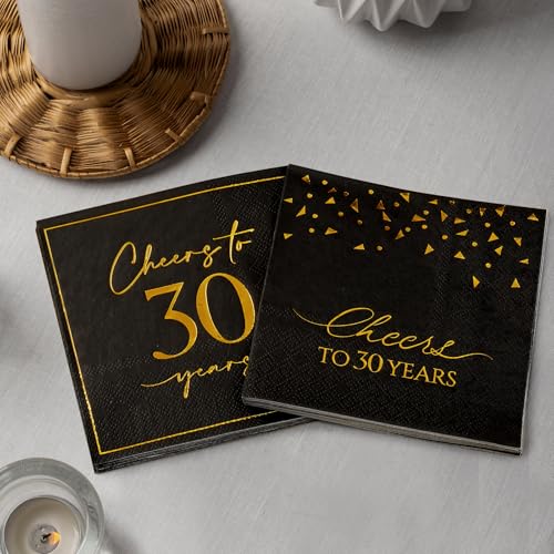 50 Pack Cheers to 30 Years Cocktail Napkins - 2 Designs Black and Gold 30th Birthday Party Napkins, 5x5 Inch 3-Ply Beverage Napkins for Anniversary Celebrations & Decorations