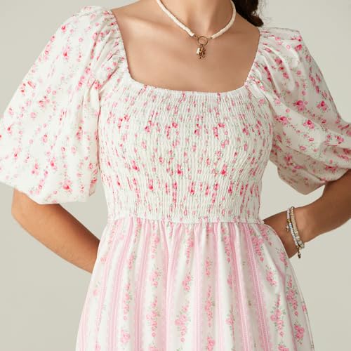 Image of Women Patchwork Dress Y2k Floral Puff Short Sleeve Maxi Dress Summer Boho Smocked Tiered Ruffle Beach Sundress